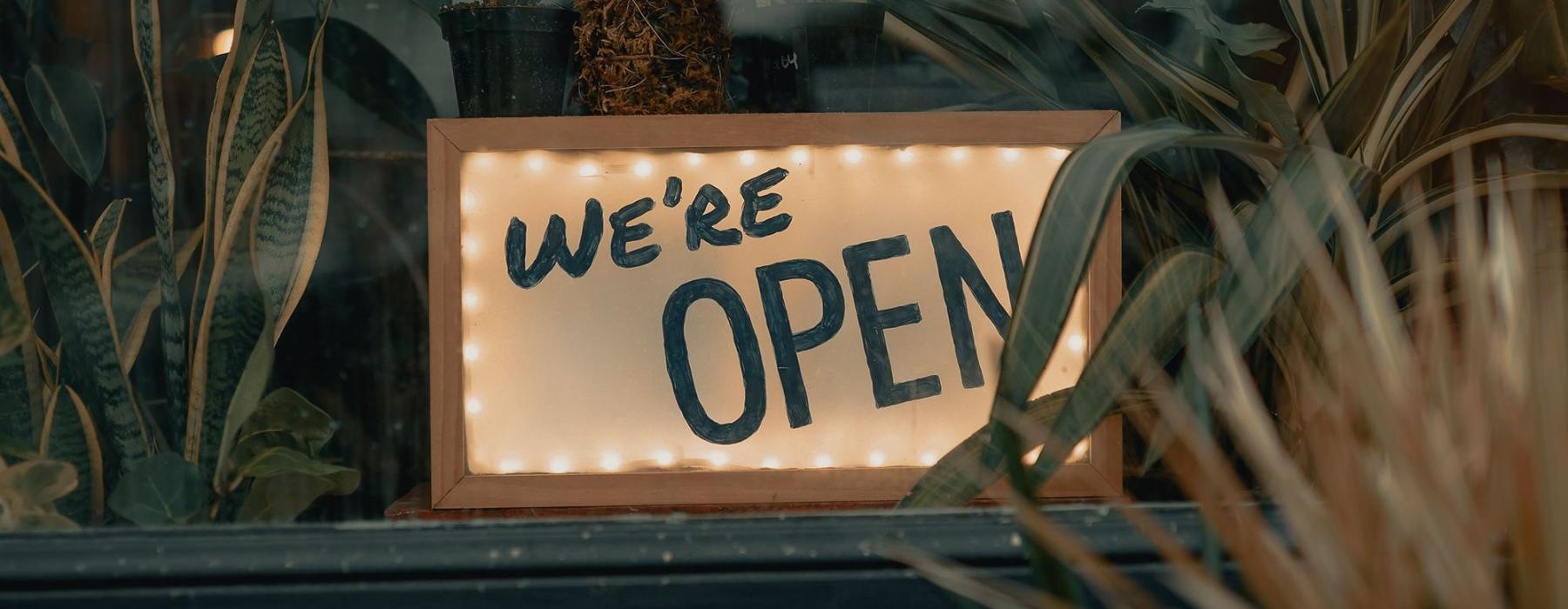 We're Open sign on a window ledge, surrounded by plants