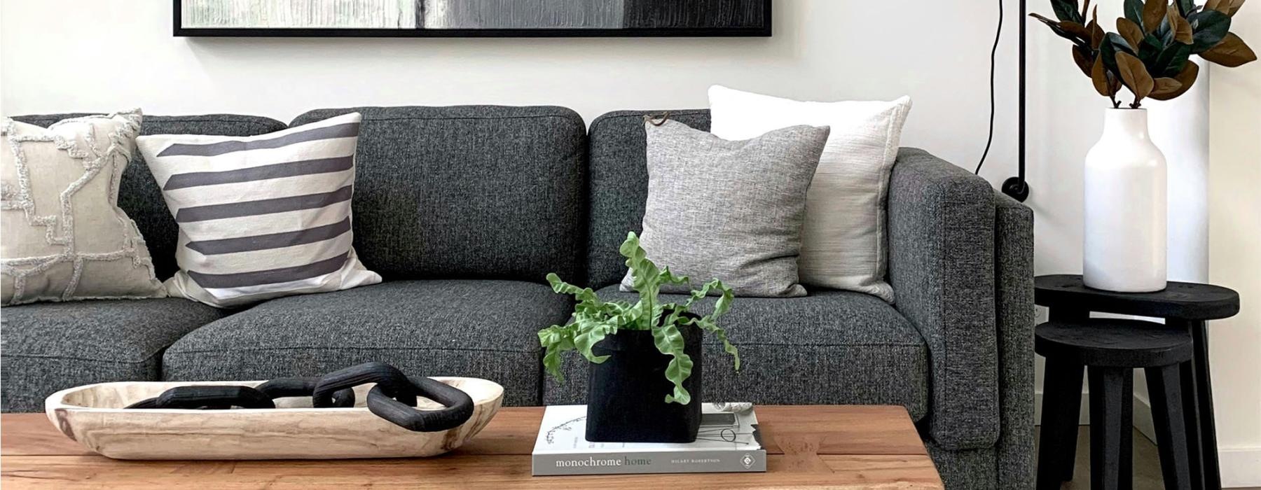 a couch with a coffee table with a plant and decor on it